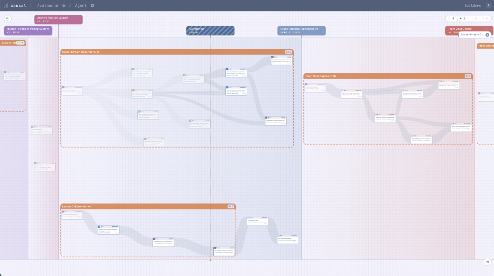 A screenshot of the causal.stream app — a canvas of task streams and the flow between them.